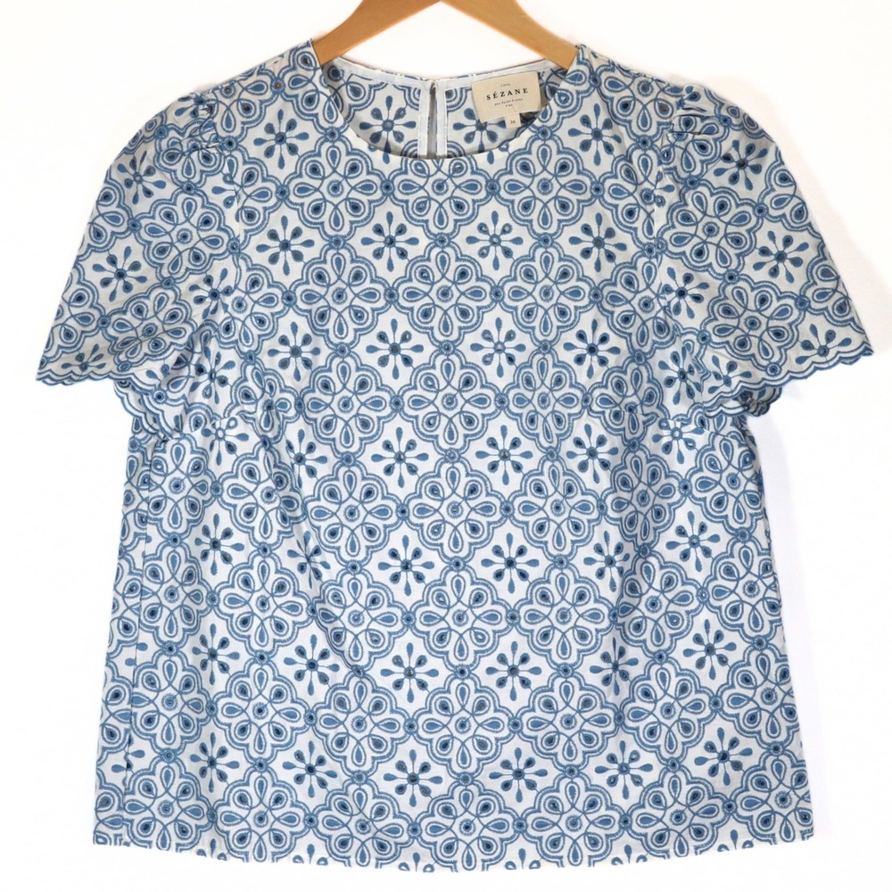 Sezane Blouse Women 38 White Blue Eyelet Embroidered Scallop Boho Summer Top